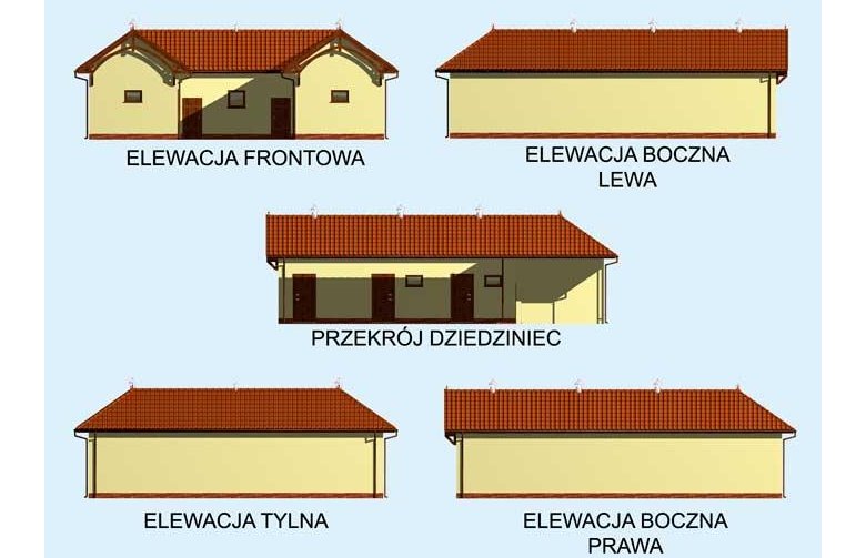 Projekt garażu S32 Stajnia angielska dla koni z boksami z wyjściem na zewnątrz - 6 boksów - elewacja 1