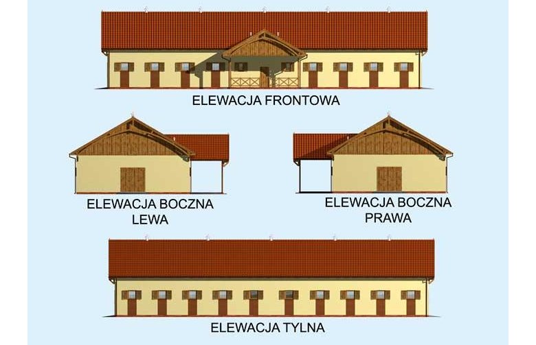 Projekt budynku gospodarczego S33 Stajnia dla koni - 16 boksów - elewacja 1