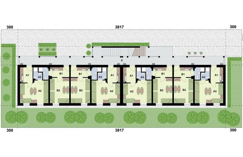 Projekt domu wielorodzinnego BSC4 budynek socjalny - rzut przyziemia