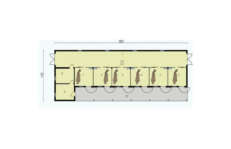 Projekt budynku gospodarczego S36 Stajnia dla koni - 6 boksów - przyziemie