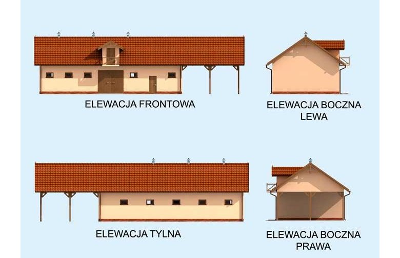 Projekt budynku gospodarczego S42 Stajnia dla koni - 4 boksy - elewacja 1