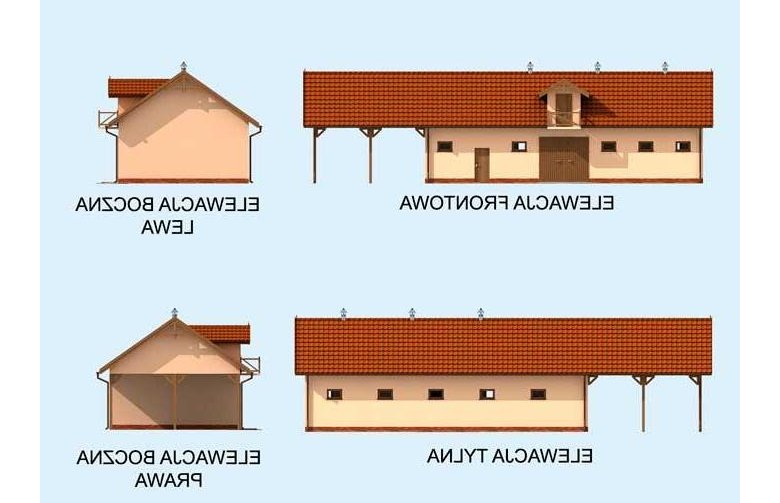 Projekt budynku gospodarczego S42 Stajnia dla koni - 4 boksy - elewacja 1