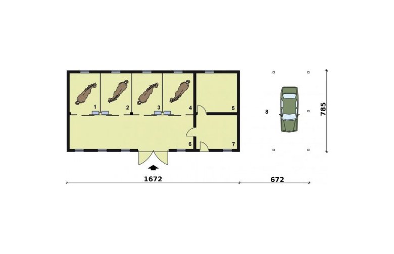 Projekt budynku gospodarczego S42 Stajnia dla koni - 4 boksy - rzut przyziemia