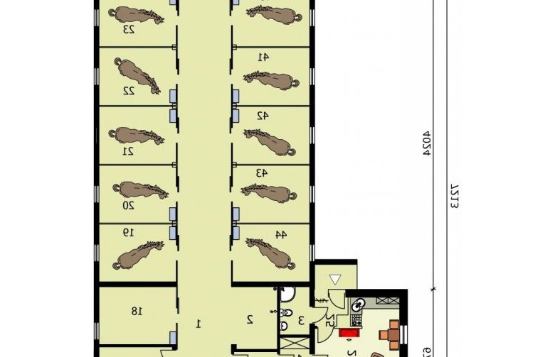 Projekt budynku gospodarczego S39 Stajnia dla koni - 37 boksów - rzut parteru cz. b