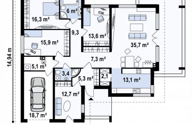 Projekt domu parterowego Z201 - rzut parteru