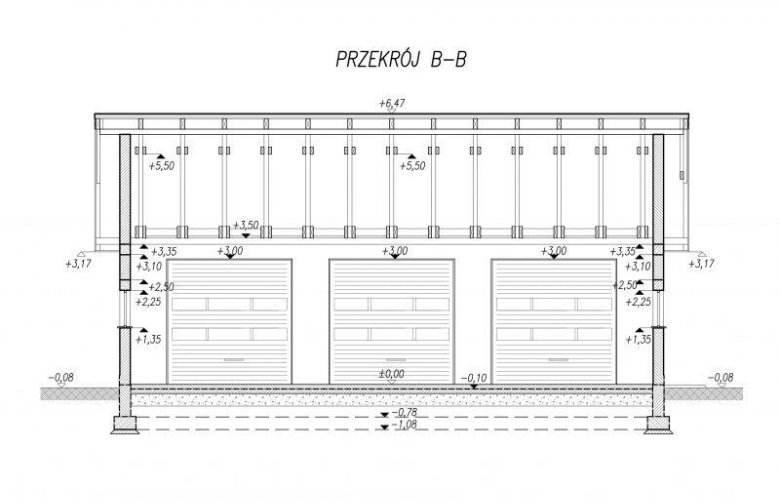 Projekt garażu G164 garaż trzystanowiskowy z pomieszczeniami gospodarczymi - przekrój 2