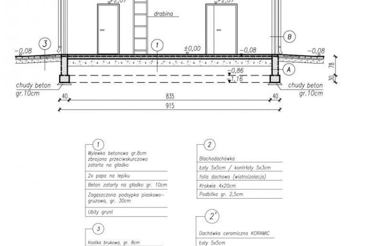 Projekt budynku gospodarczego G206 garaż trzystanowiskowy z pomieszczeniami gospodarczymi - przekrój 1