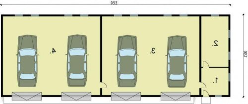 RZUT PRZYZIEMIA G221 garaż czterostanowiskowy z pomieszczeniami gospodarczymi - wersja lustrzana