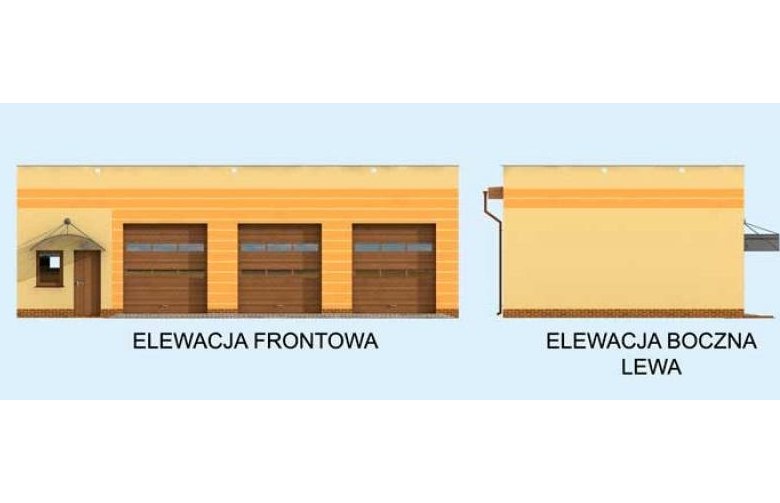 Projekt garażu G250 trzystanowiskowy z pomieszczeniami gospodarczymi - elewacja 1