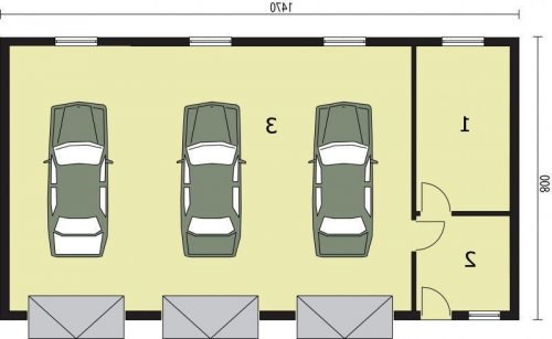 RZUT PRZYZIEMIA G250 trzystanowiskowy z pomieszczeniami gospodarczymi - wersja lustrzana