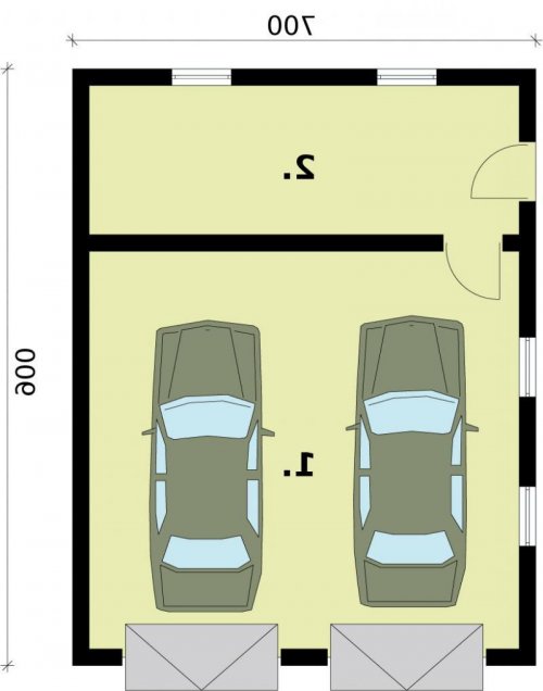 RZUT PRZYZIEMIA G1a2 szkielet drewniany, garaż dwustanowiskowy z pomieszczeniem gospodarczym  - wersja lustrzana