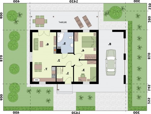 Rzut projektu BARBADOS 3B z wiatą - wersja lustrzana